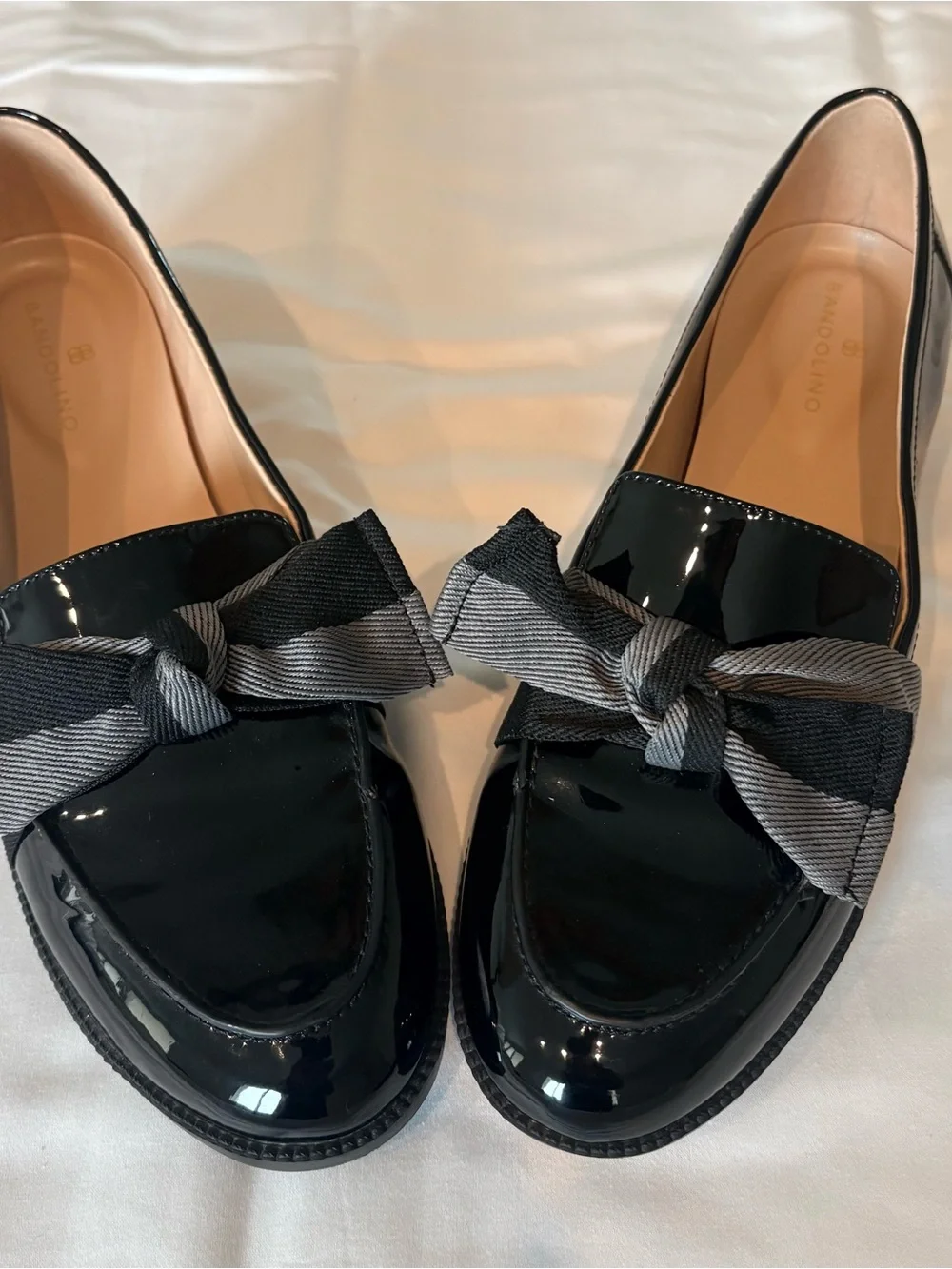 Bandolino Black Patent Loafers with Gray Striped Bow